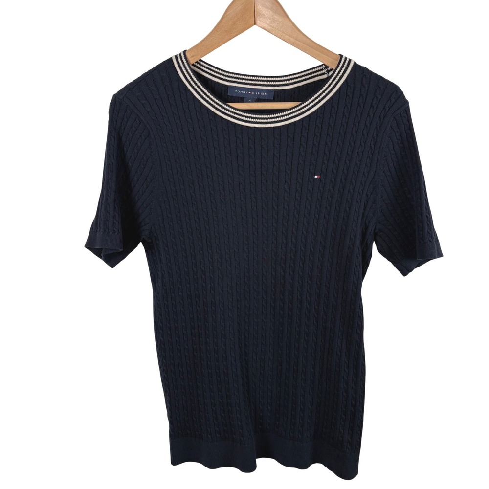 Tommy Hilfiger Cable Knit Short-Sleeve Sweater Womens M Navy Blue Striped Preppy